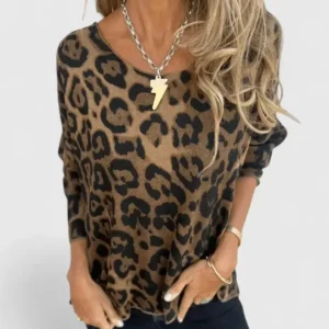 Eda Relaxed Fit Leopard Print Knit Top Long Sleeve Soft Mesh Pullover Sweater