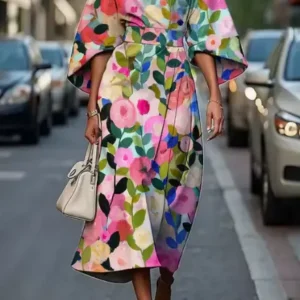 Robin Hand-Painted Style Floral Midi Dress with Cinch Belt and Wide Sleeves