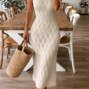 Ivory Knit Boho Midi Dress with Flattering Geometric Wave Pattern